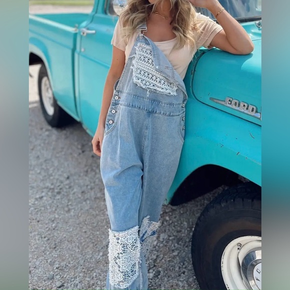 NWT POL Boho Patchwork Crochet Jean Denim Overalls - Picture 5 of 15